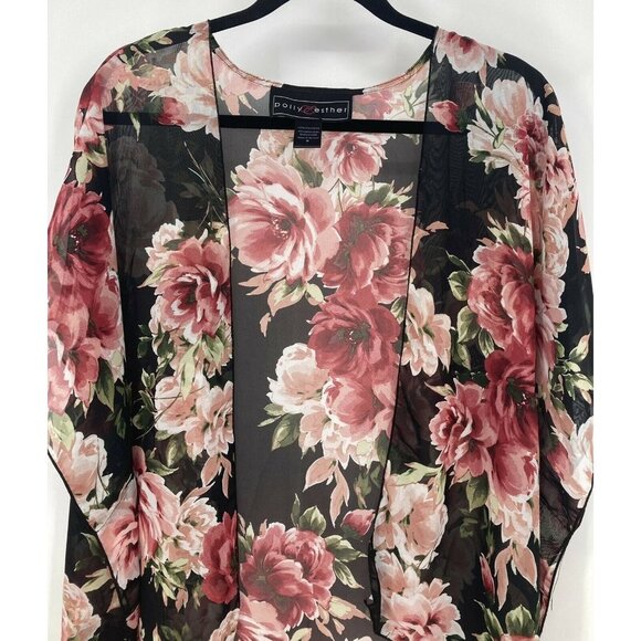 Polly & Esther Kimono Cover Up Size Medium M Black Pink Floral Sheer Women B5 - Picture 2 of 8